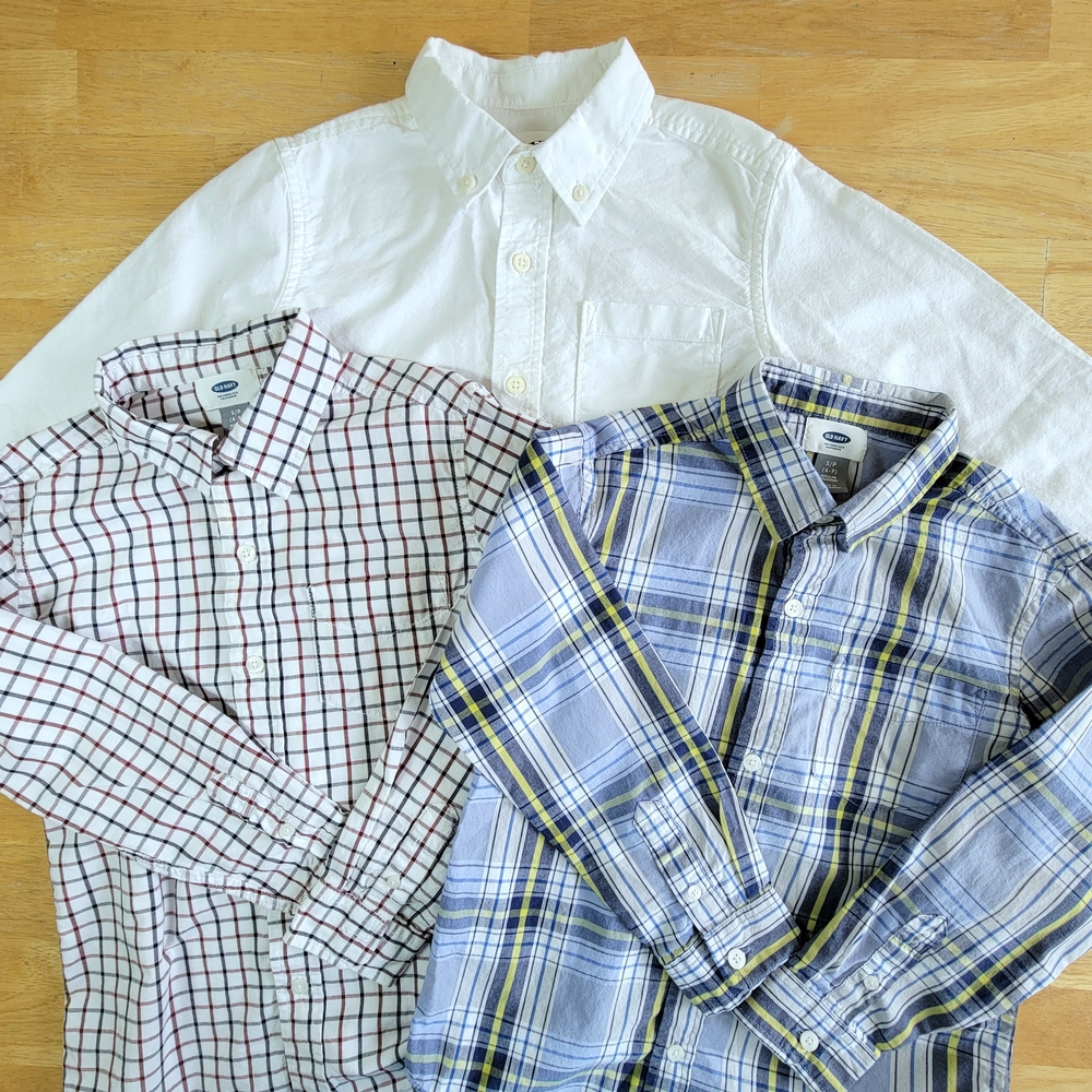 Lot of 3 Boys Long Sleeve White & Plaid Button Up Shirts Size 6-7 Old Navy